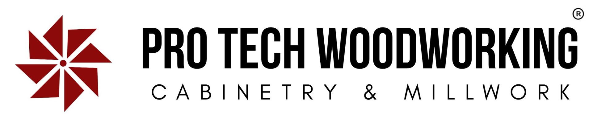 Logo for Pro Tech Woodworking: red pinwheel and text