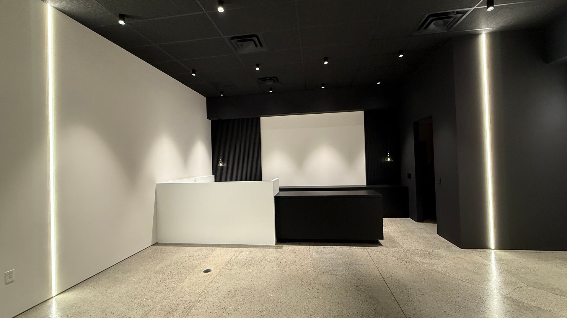 Modern interior with black and white walls, recessed lighting, and a speckled floor.