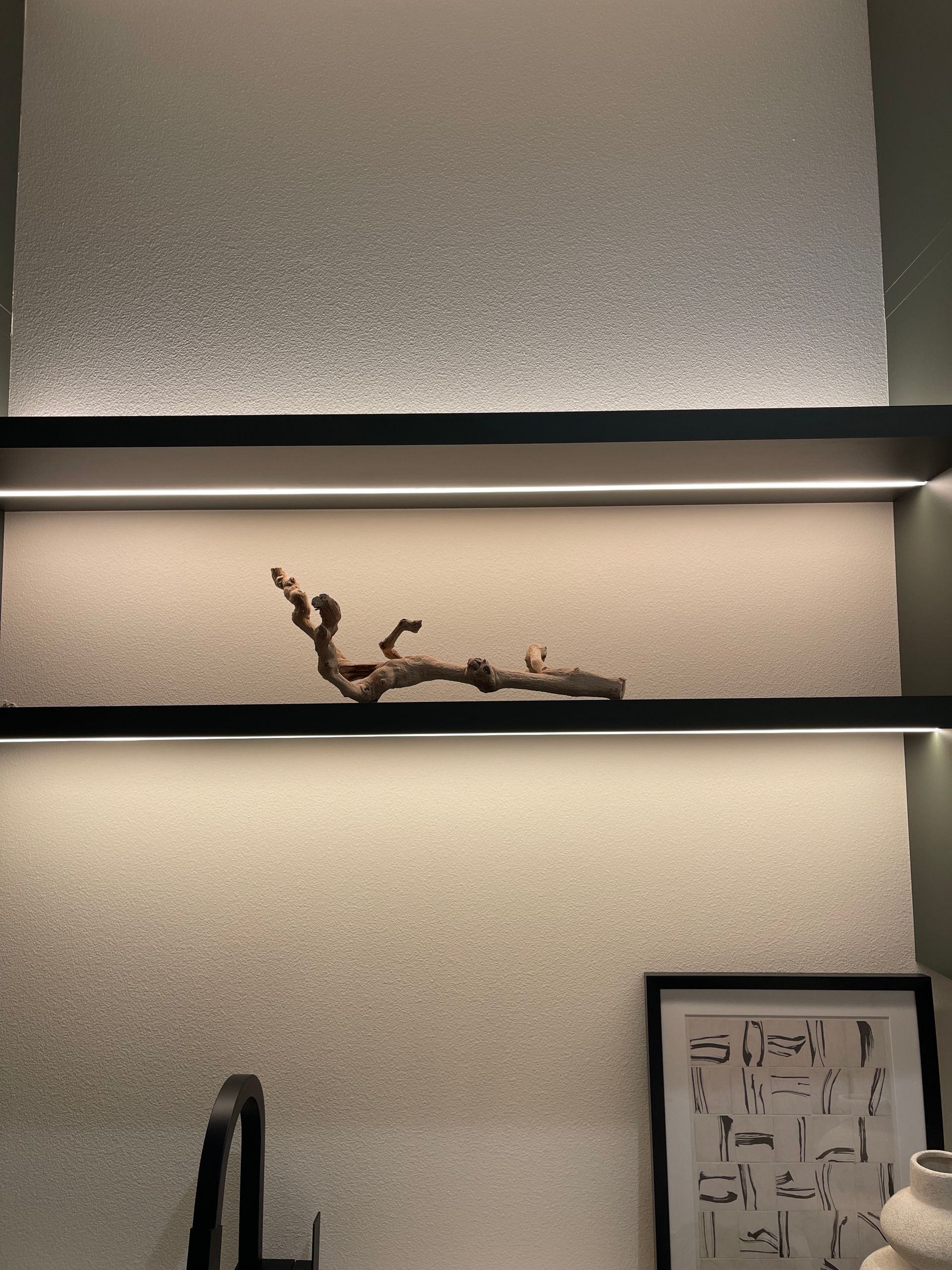 Three lit wall shelves with textured beige backing, a branch centerpiece, and a framed print below in Portland, Oregon, WA