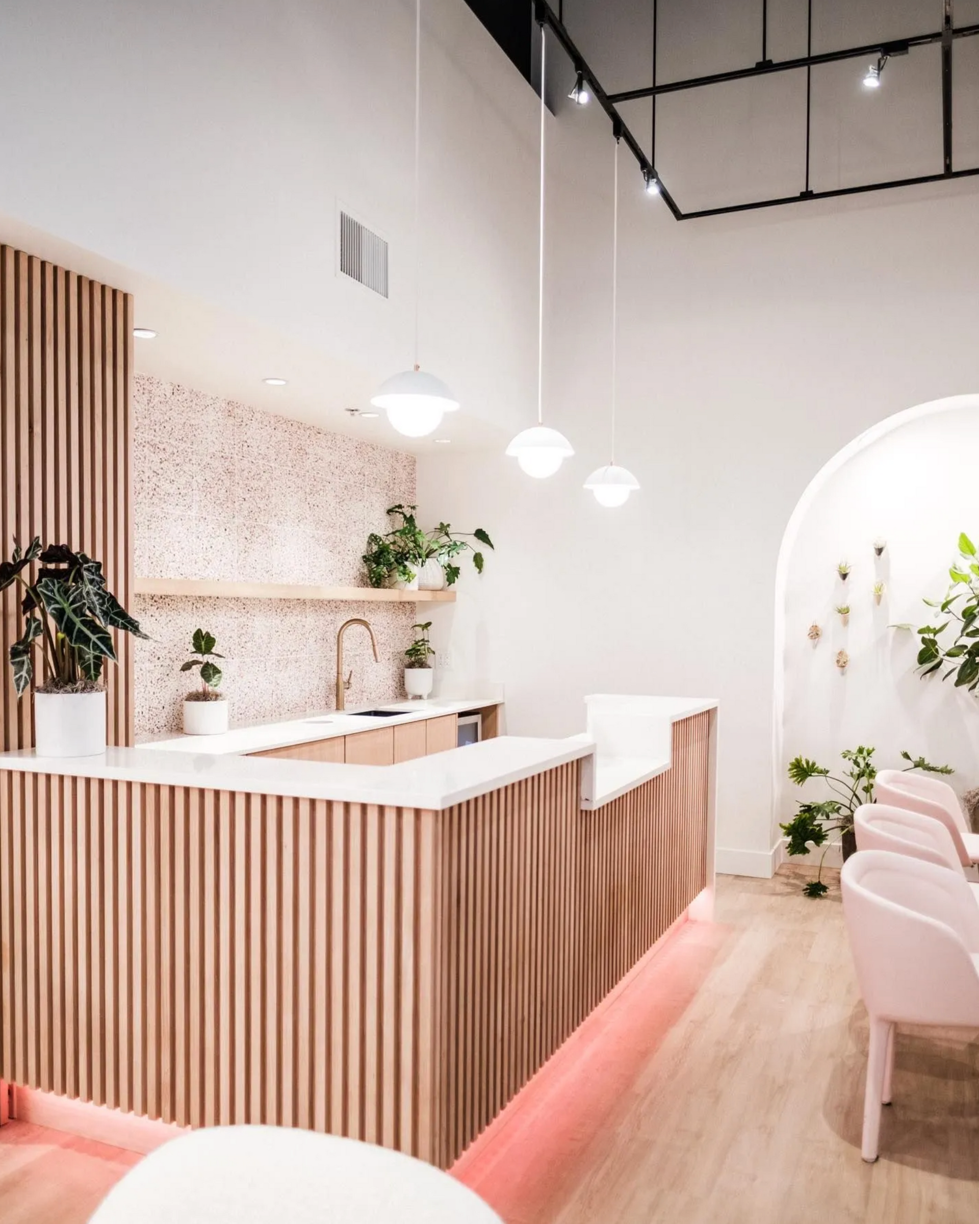 Interior with pink and wooden accents, counter, plants, and pendant lights.