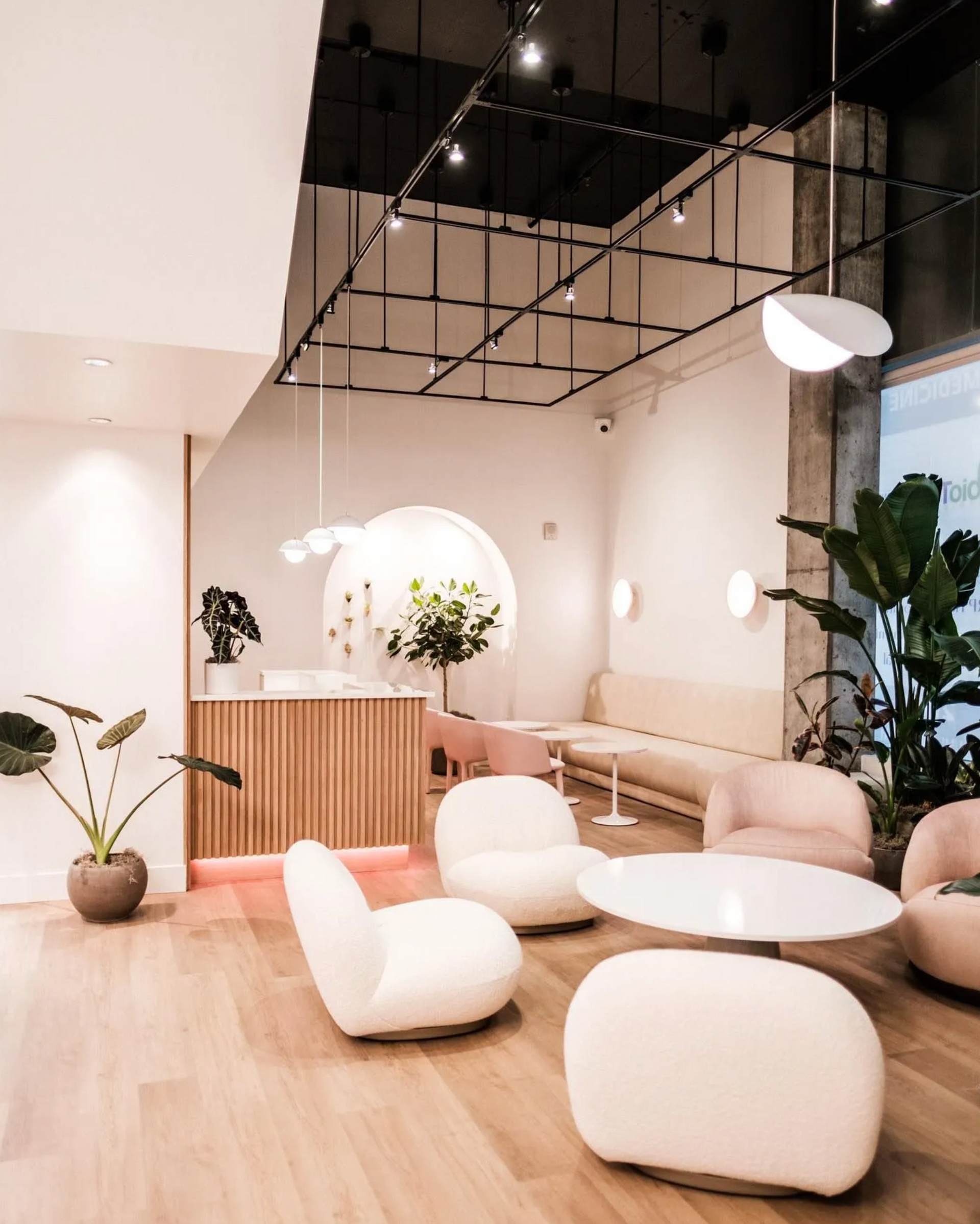Reception area with light wood, pastel pink, and white furnishings, plants, and modern lighting.