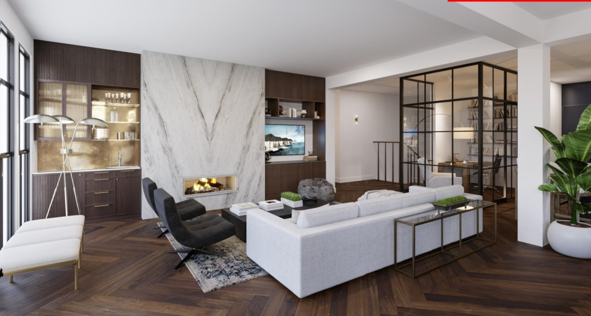 Luxurious living room with marble fireplace, built-ins, modern furniture, and a glass-walled dining area.
