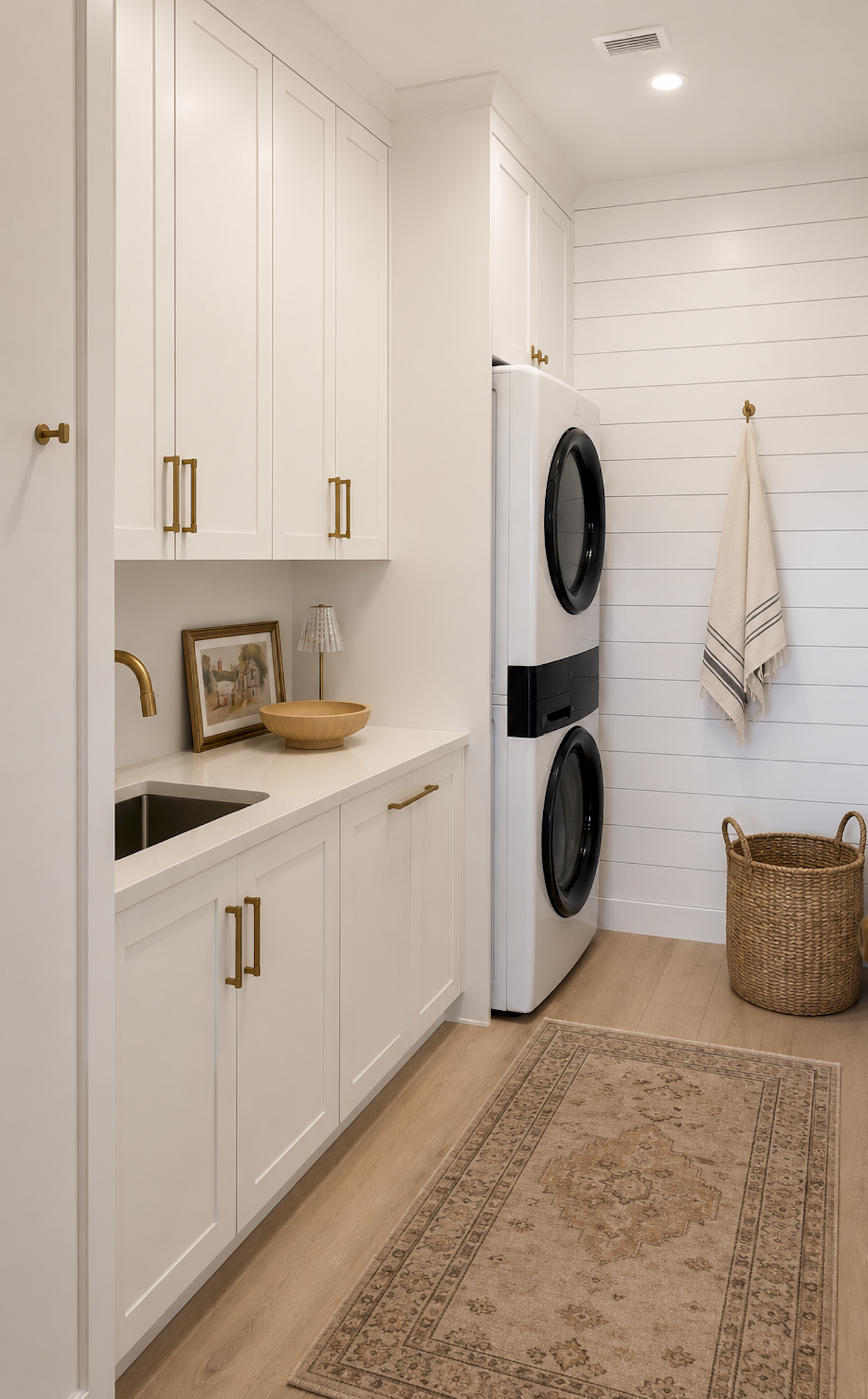 Bright laundry room with stacked washer and dryer, white cabinets, woven basket, and patterned runner rug.