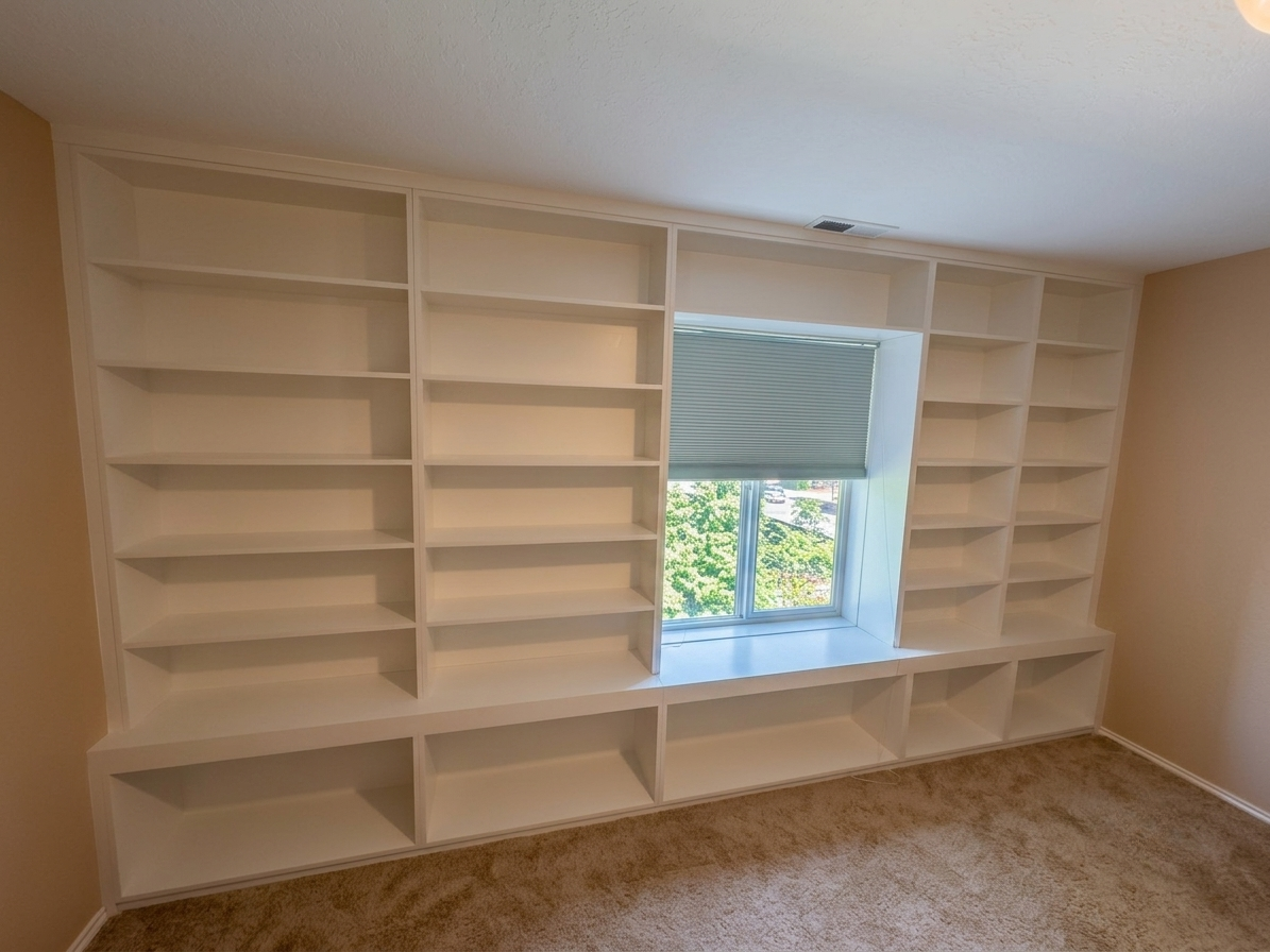 Built-in white bookshelves around a window with a striped shade in a beige carpeted room