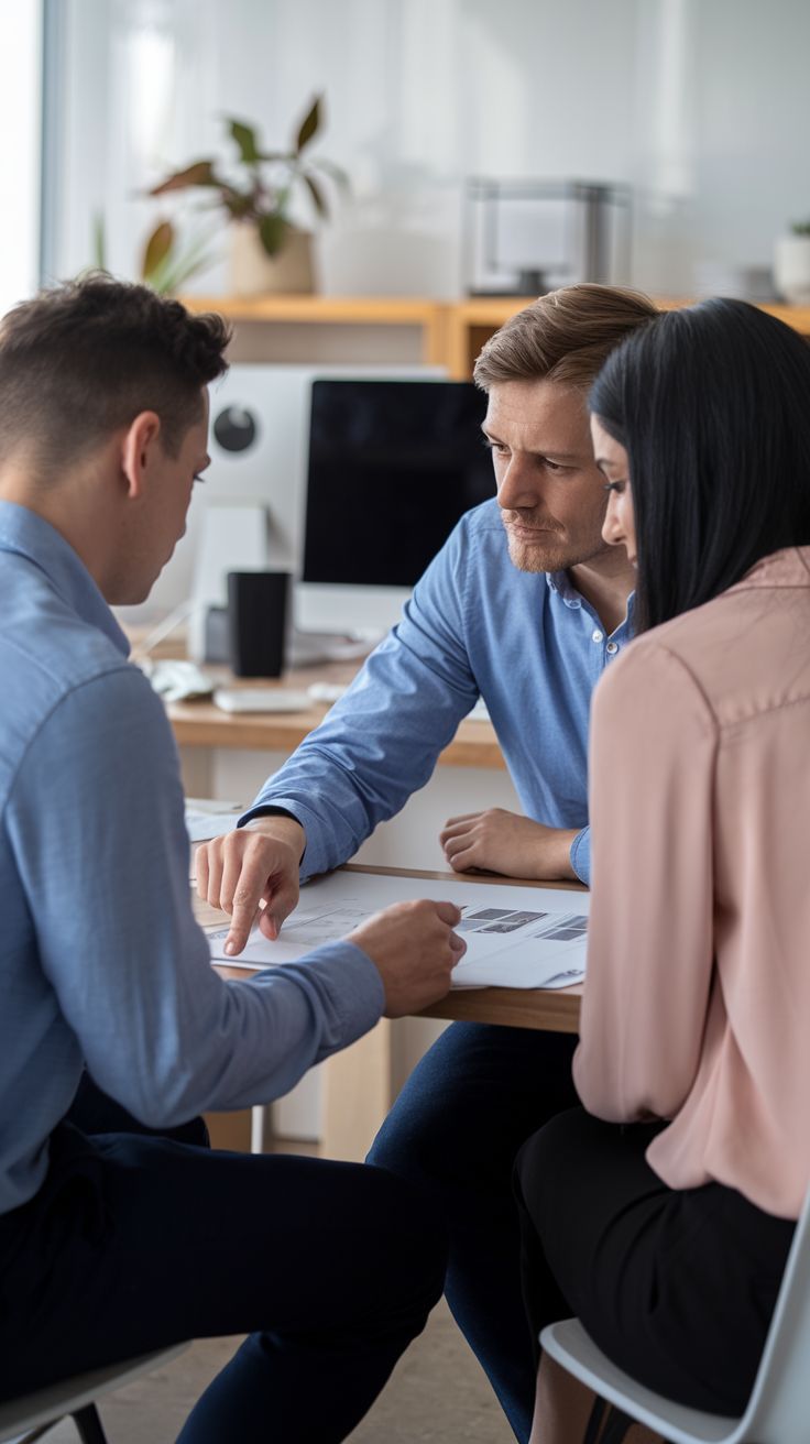 Three people review documents at a desk in an office setting.