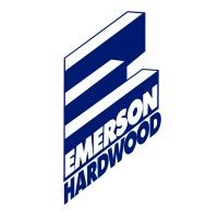 Emerson Hardwood logo: Blue and white angled geometric design with