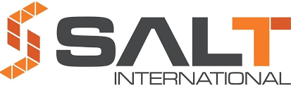 Logo of SALT International, with an abstract orange and white graphic and gray letters.