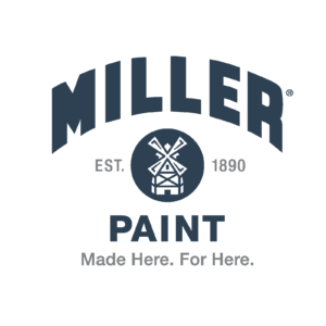 Miller Paint logo with dark blue text, mill symbol in a circle, and tagline