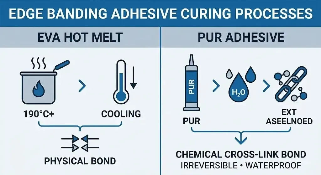 Infographic comparing edge banding adhesive curing: EVA hot melt with cooling, PUR with chemical cross-link bond.