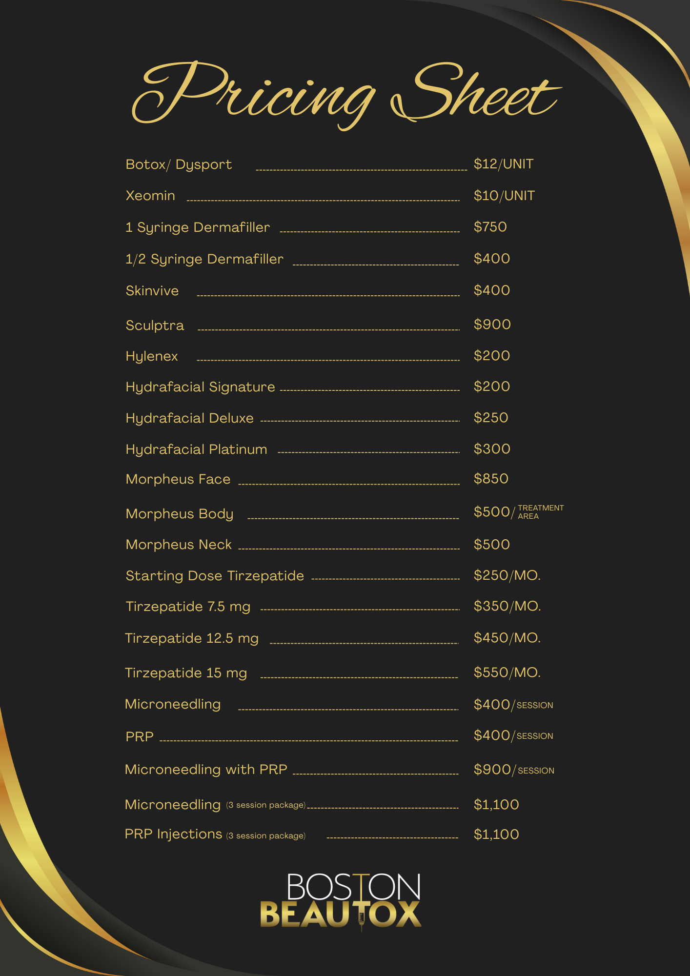 Boston Beautox pricing sheet
