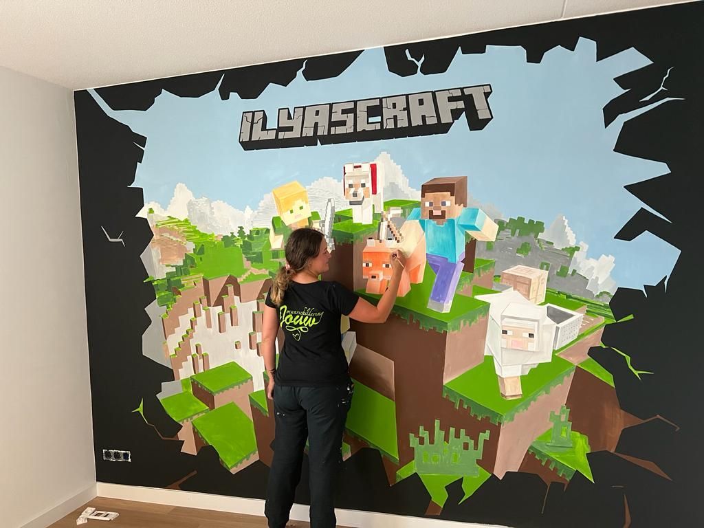 muurschildering minecraft kinderkamer