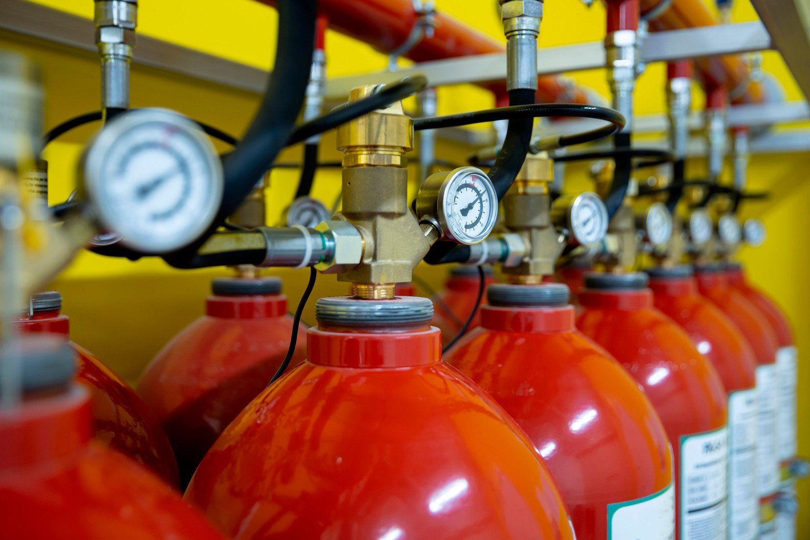 Red fire sprinkler pipes and electrical conduit run along a gray ceiling and wall.