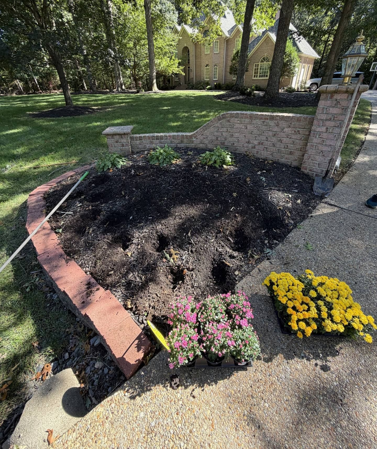 Flower bed installation with fresh mulch and seasonal flowers in Chesterfield VA