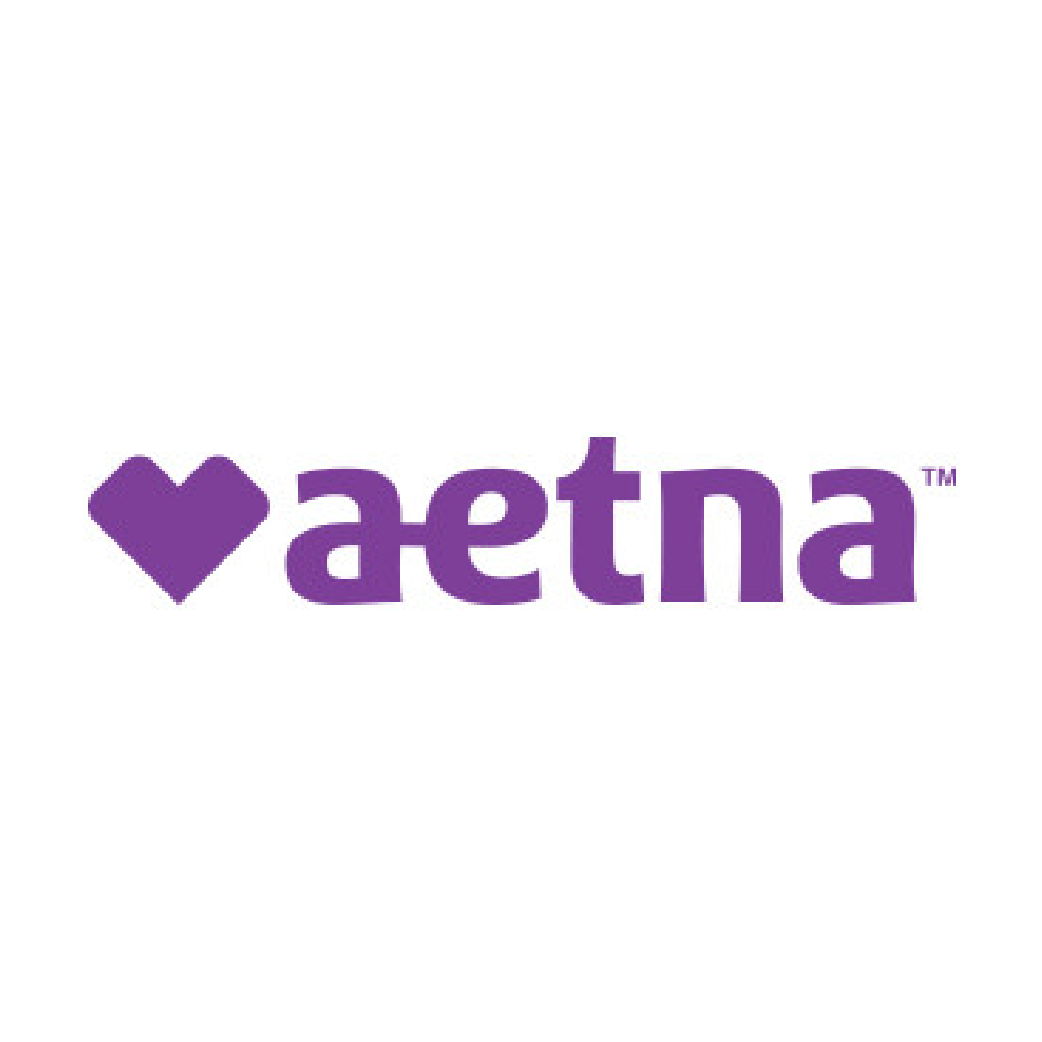 The aetna logo is purple with a heart in the middle.