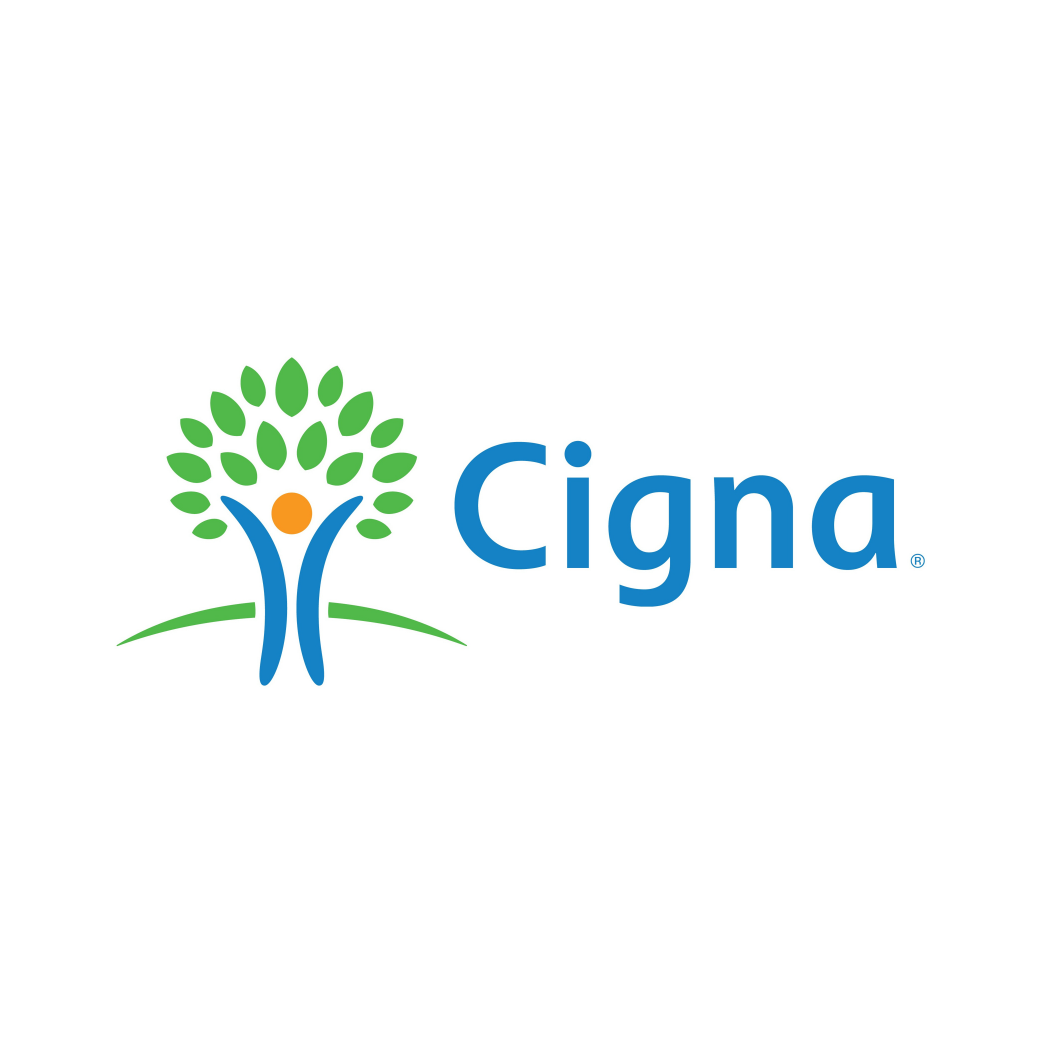 A cigna logo with a person and a tree on a white background.