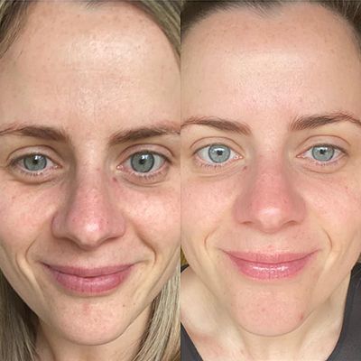 A before and after photo of a woman 's face with and without makeup.