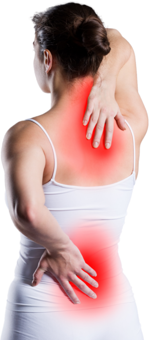 A woman is holding her back in pain.
