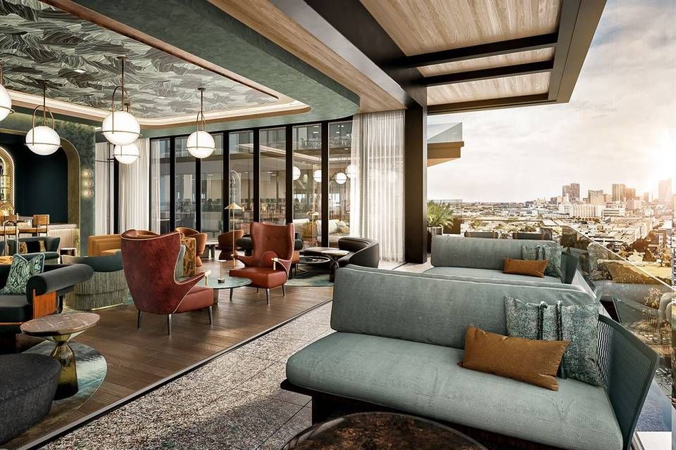 An artist 's impression of a living room with a couch and chairs.