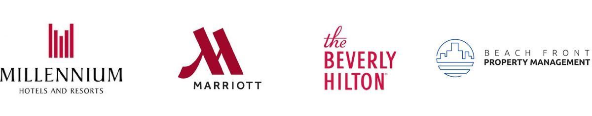 Logos of Millennium, Marriott, Beverly Hilton, and Stake Front Property Management.