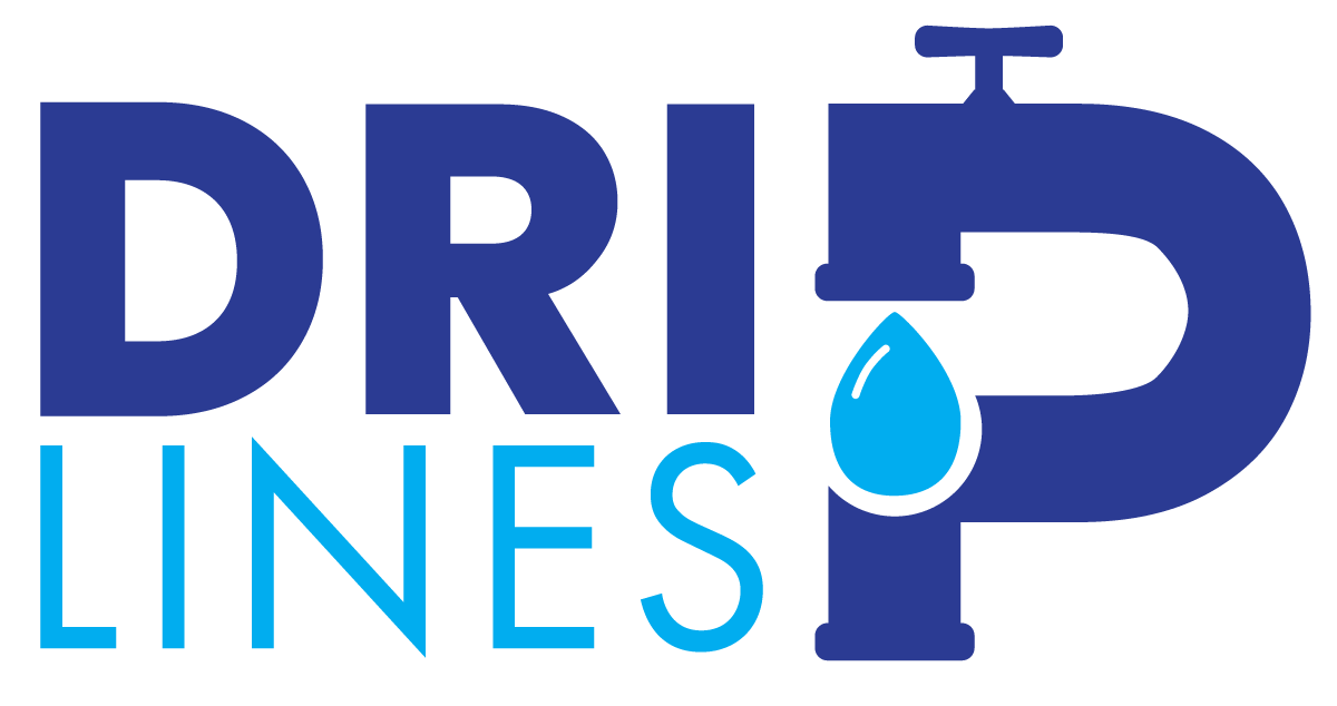 Logo for DRIP LINES with blue and light blue text and a faucet dripping water