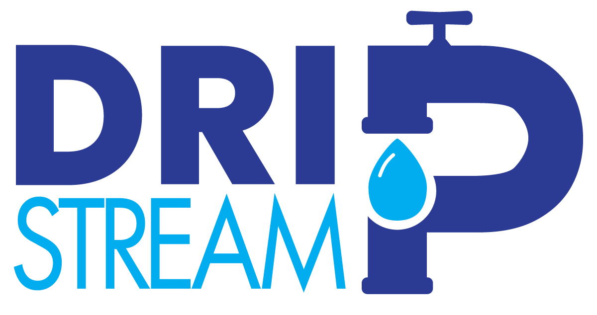 DRIP STREAM logo in blue with a water droplet inside the “I” and a faucet-shaped “P”
