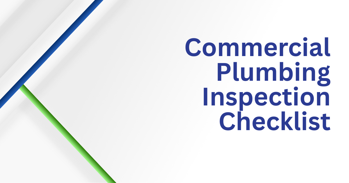 Commercial Plumbing Inspection Checklist title on white background with blue and green diagonal lines