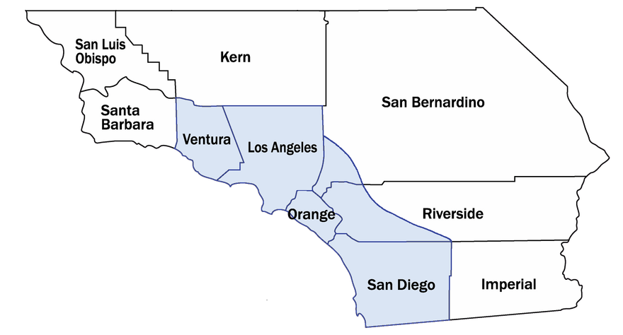 Map of Southern California counties shaded blue along the coast, including Los Angeles, Orange, Ventura, and San Diego