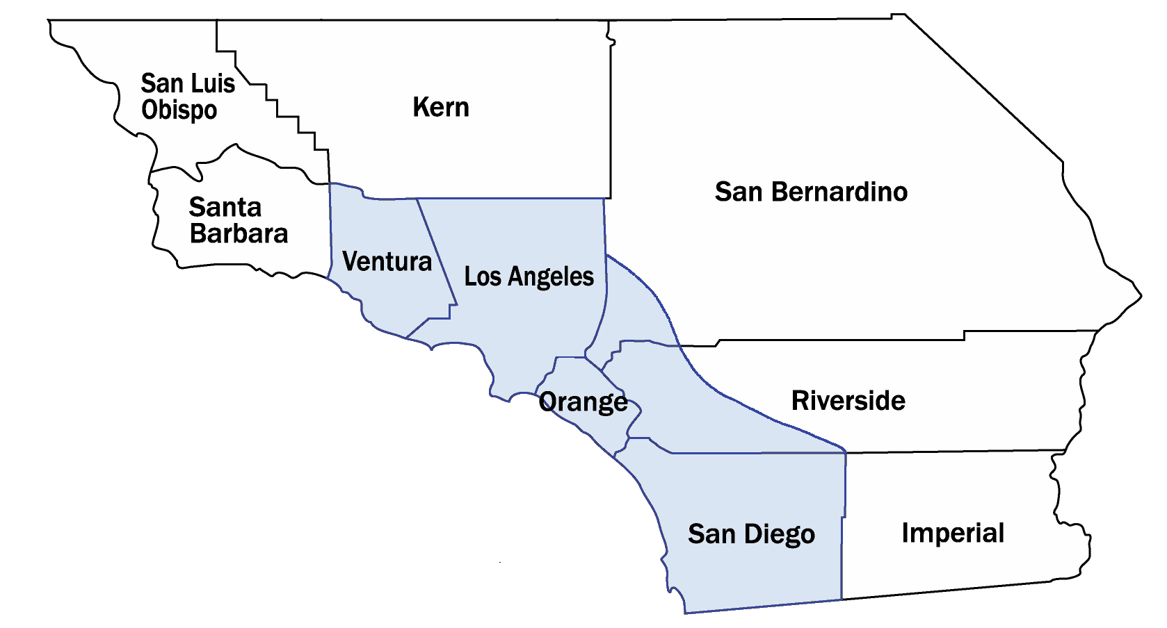 Map of Southern California counties with coastal areas shaded blue and county names labeled.