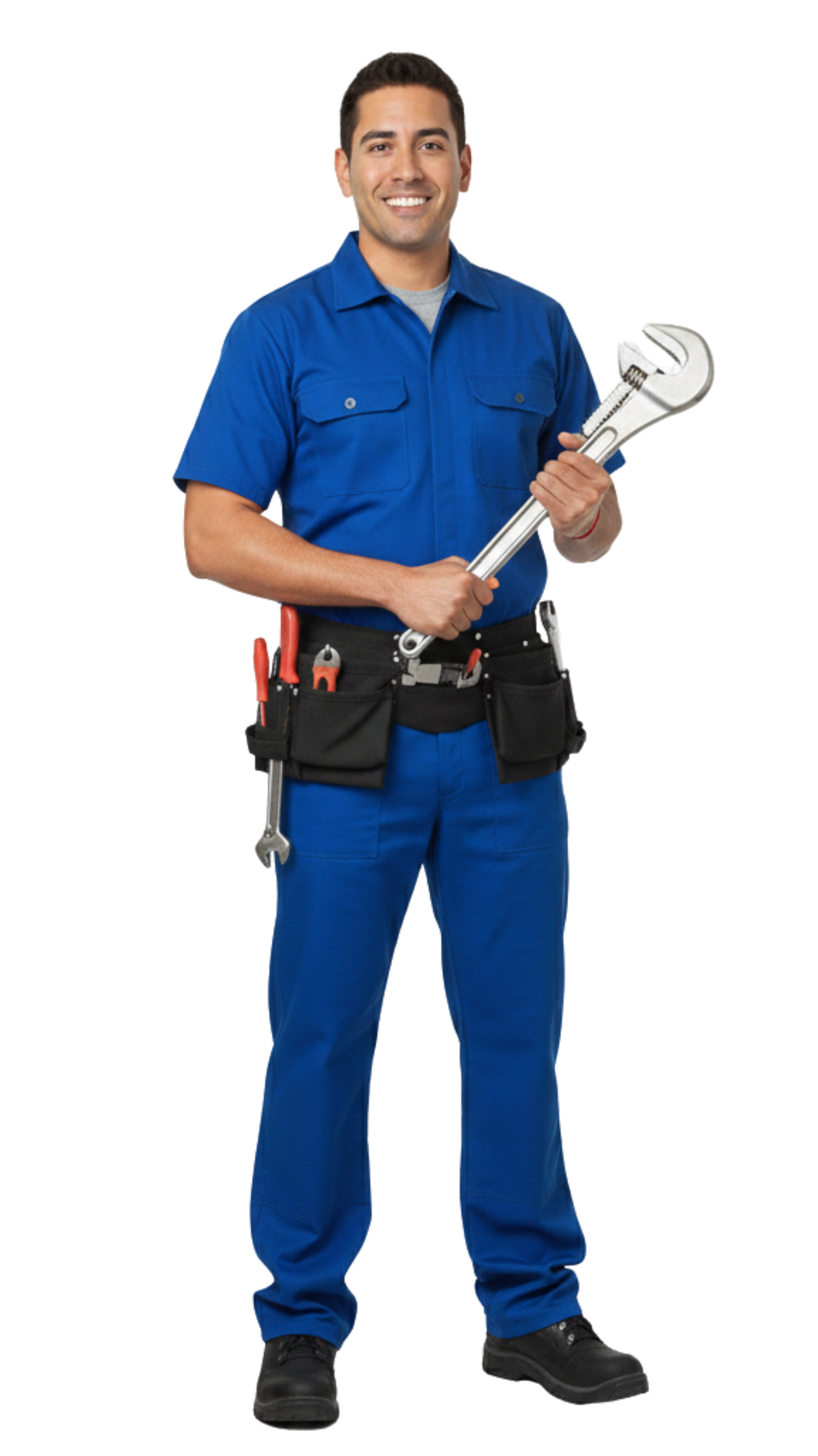 Person in blue work uniform holding a pipe wrench, standing against a white background.