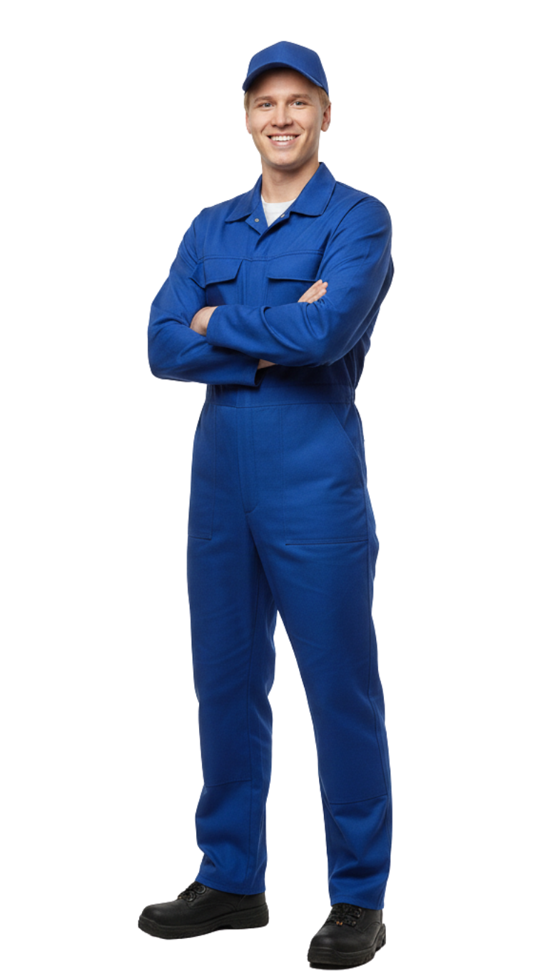 Mechanic in blue coveralls and cap, standing with arms crossed on a white background