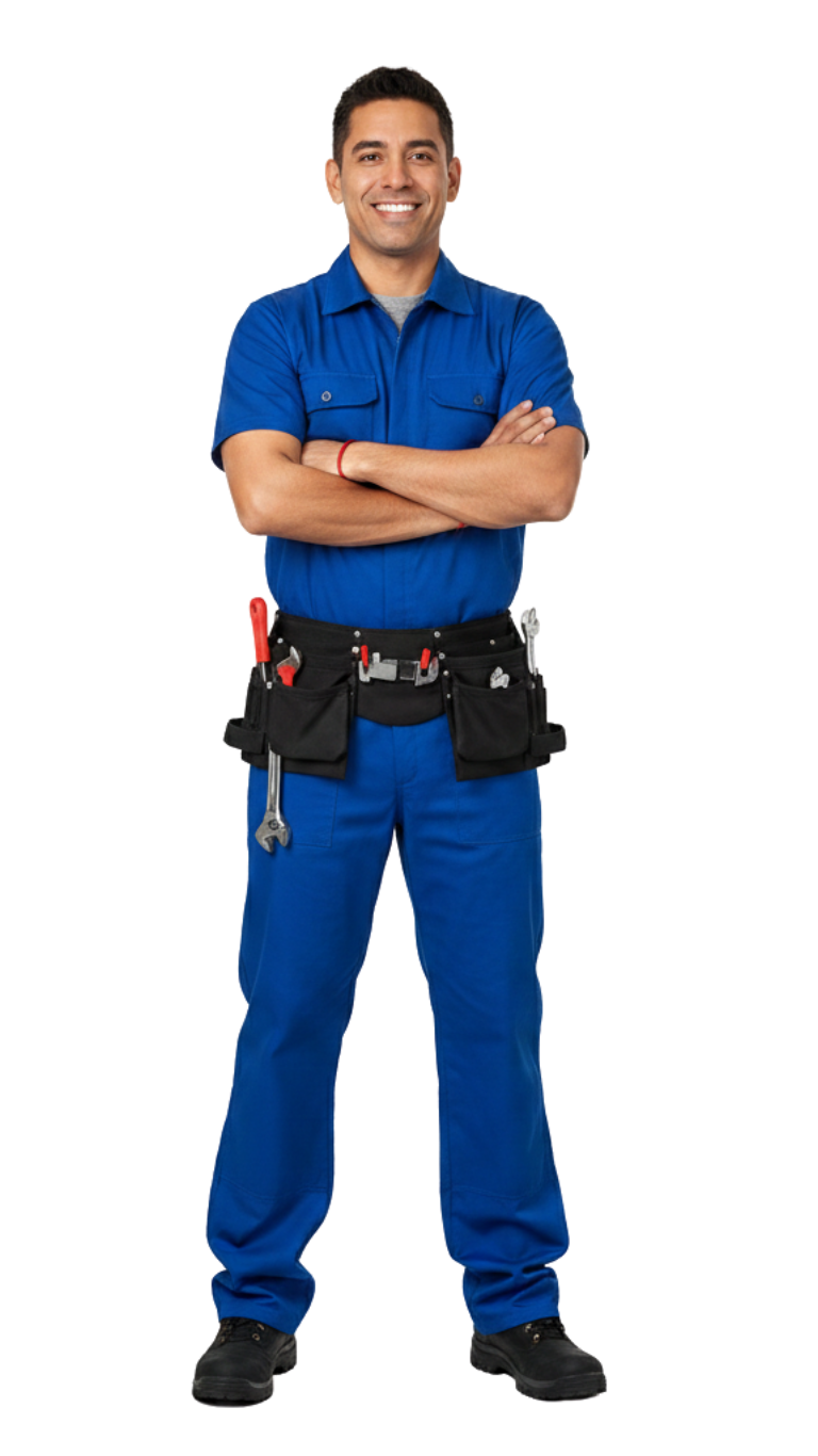 Smiling worker in blue uniform with tool belt, standing with arms crossed on a white background