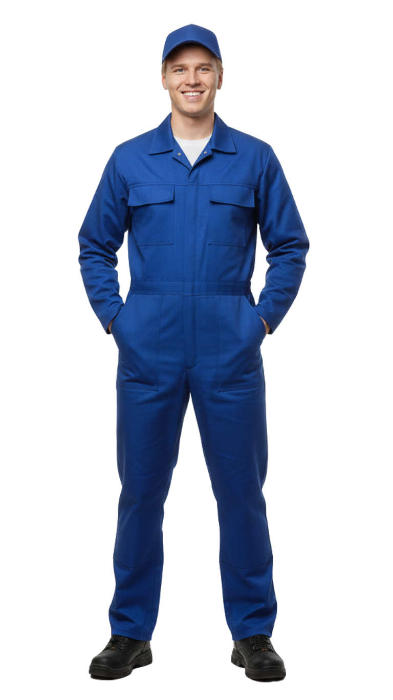 Man in blue coveralls and cap, standing with hands in pockets on a white background