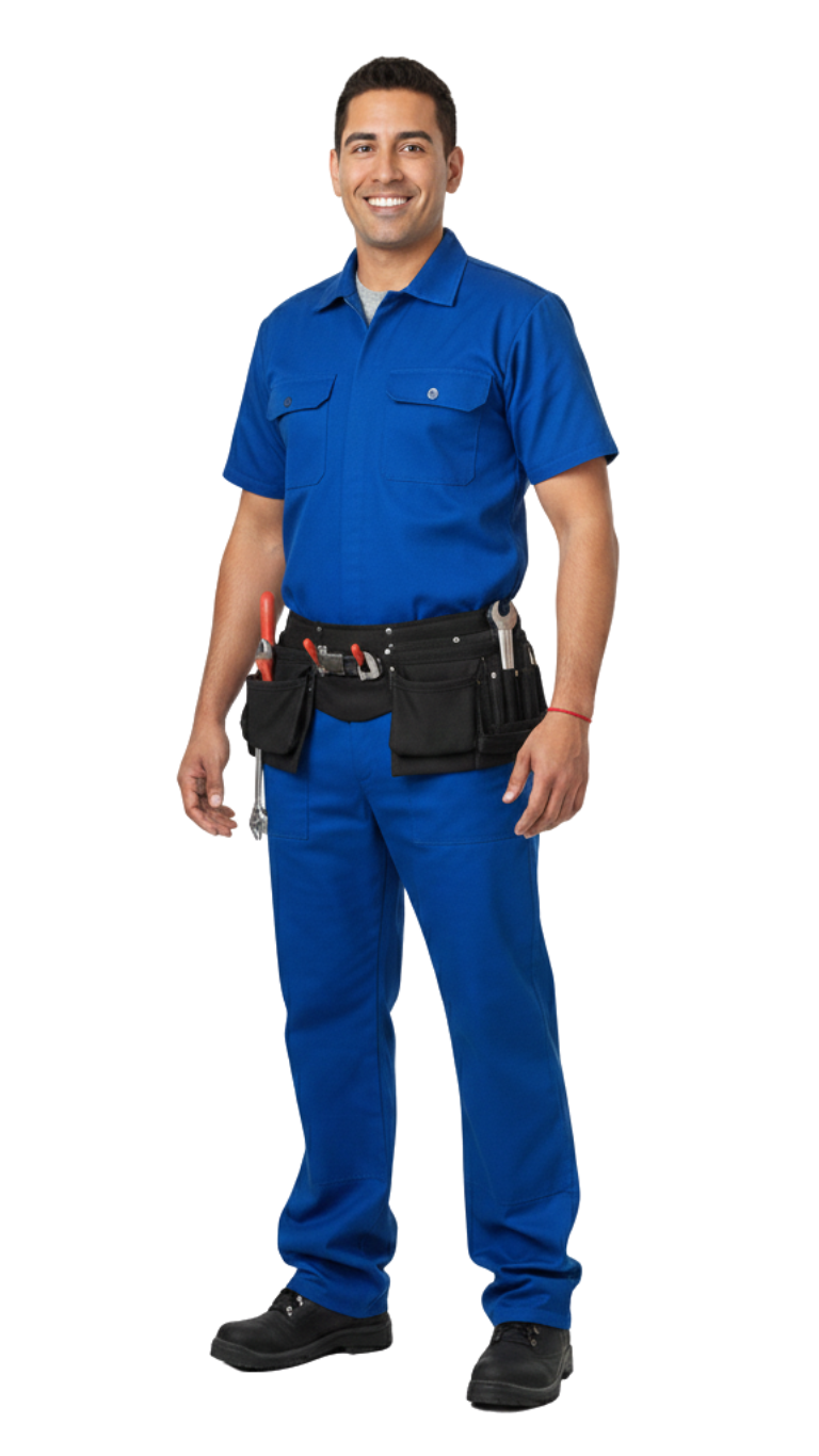 Person in blue work uniform with tool belt, standing and smiling against a white background