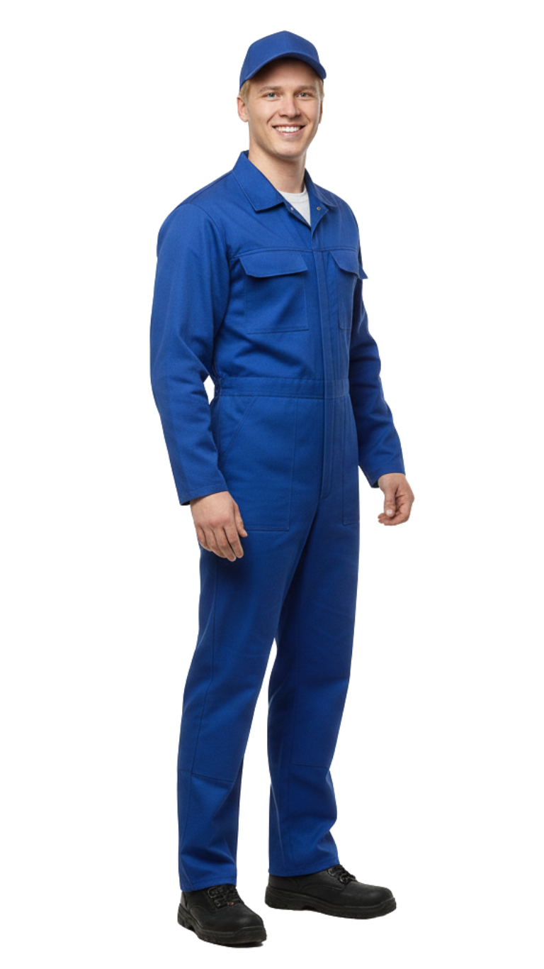 Man in blue work coveralls and cap standing on a white background