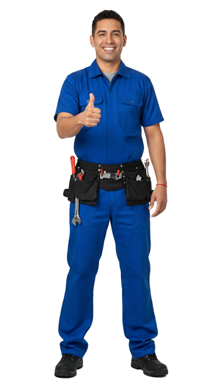 Blue-uniformed technician smiling and giving a thumbs-up, standing against a white background.