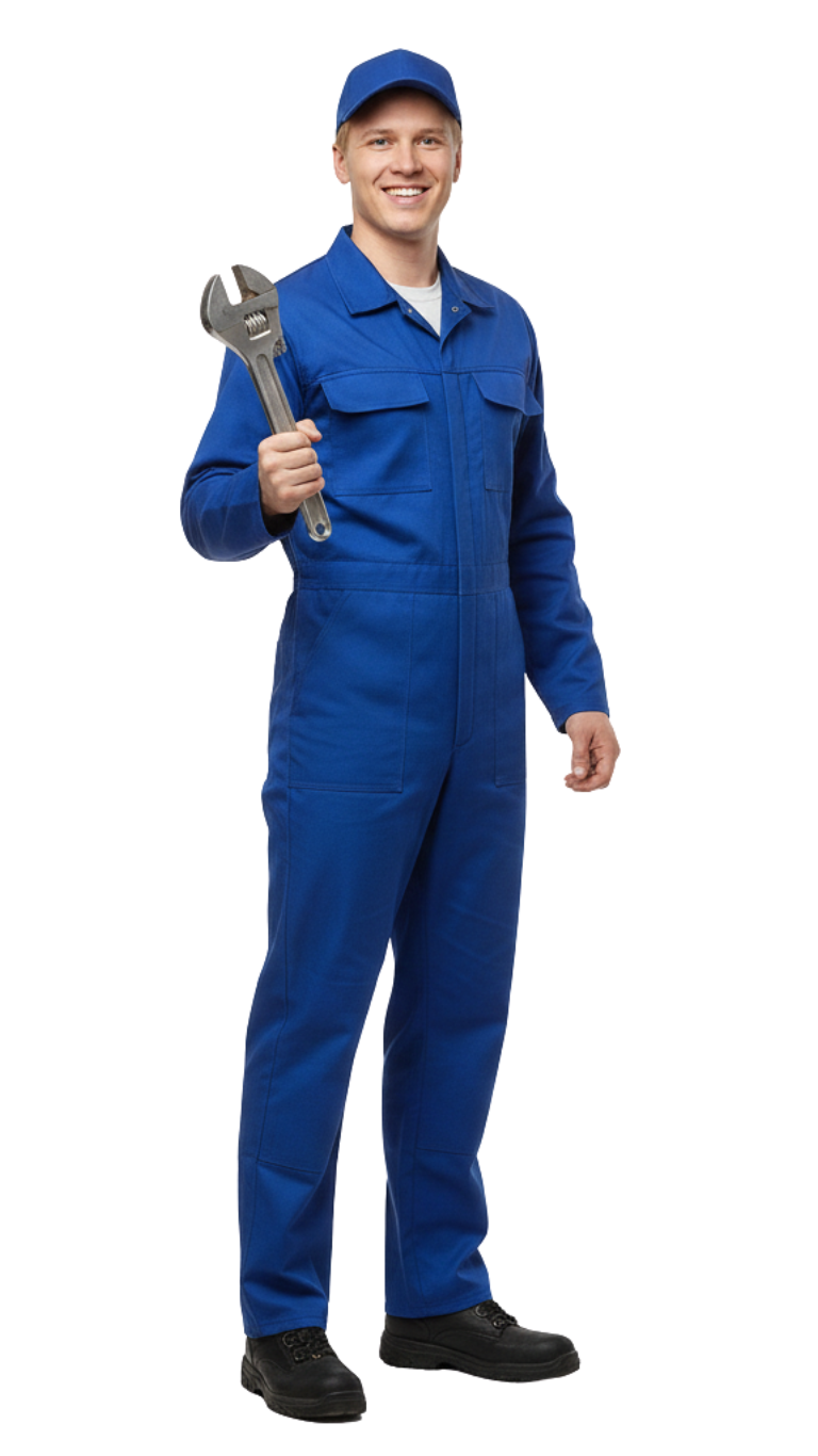 Mechanic in blue coveralls and cap holding a wrench, standing on a white background