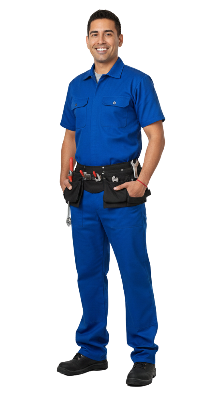 Man in blue work uniform with tool belt, standing against a white background.