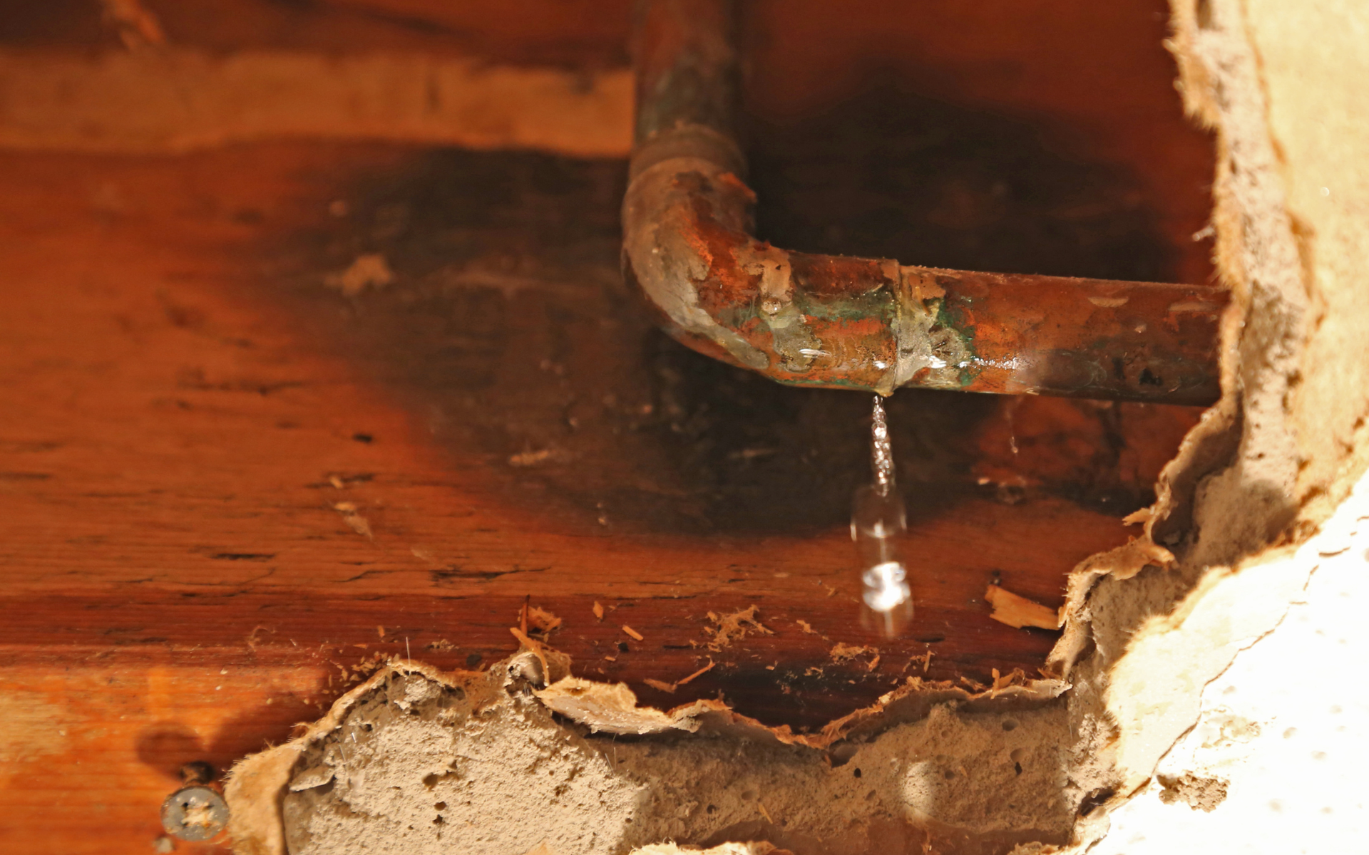 Leaky rusted pipe dripping into damaged wooden wall with mold and peeling plaster