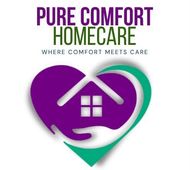 Logo for Pure Comfort Homecare, featuring a heart with a house outline and a hand; teal and purple colors.