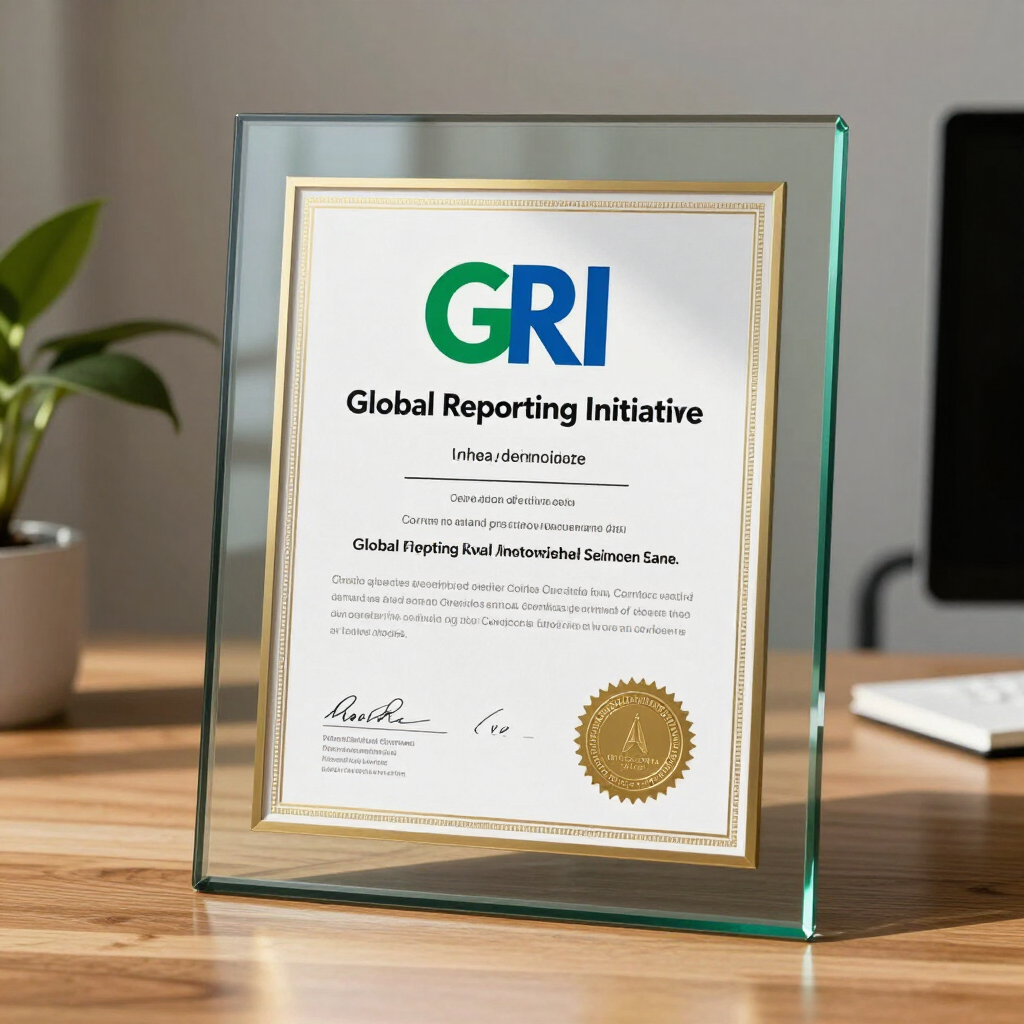 GRI Global Reporting Initiative award plaque in glass frame on a wooden desk