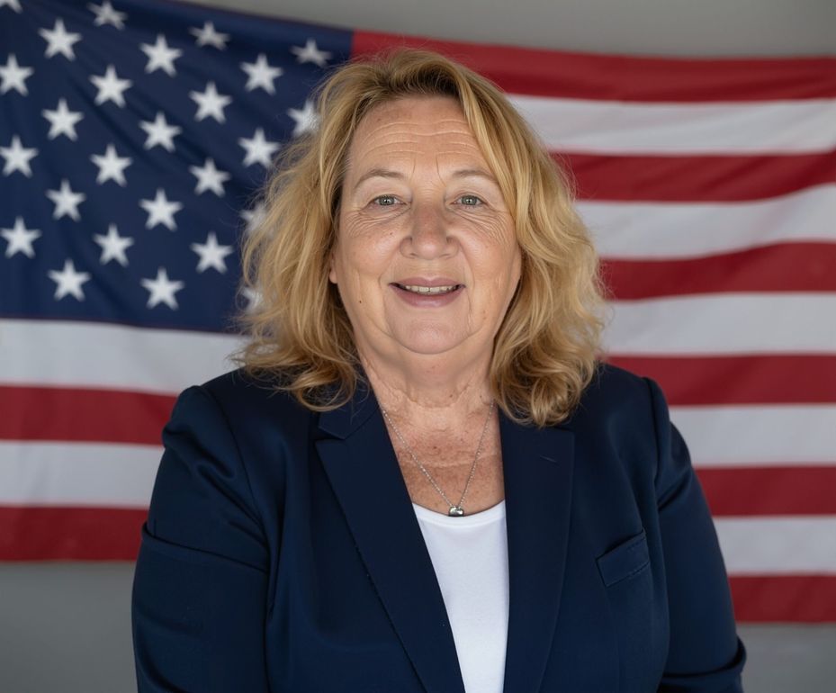 Portrait of a smiling woman in a navy blazer before a U.S. flag backdrop