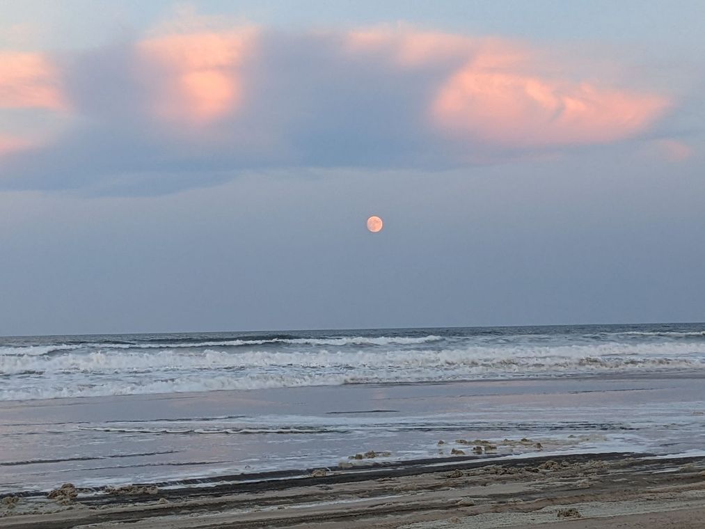 Calm beach at dusk with pink clouds, a pale moon, and gentle waves on the shore