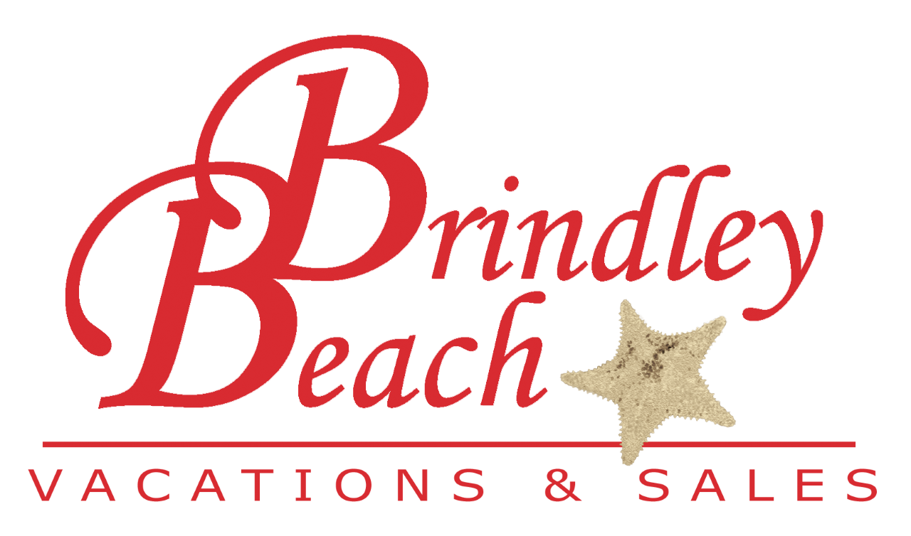Brindley Beach Vacations & Sales logo in red script with a tan starfish on white background