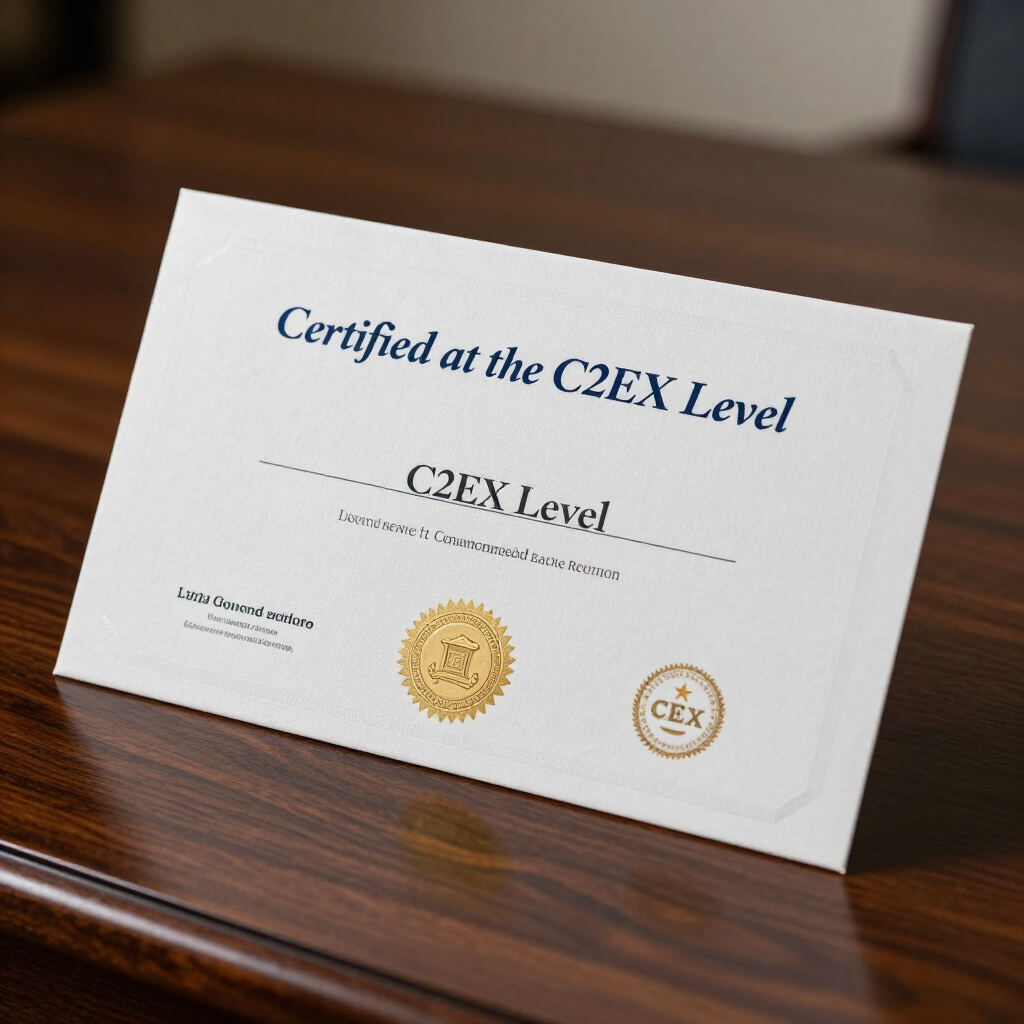 White C2EX Level certificate on a wooden table, featuring gold seals and cursive text.