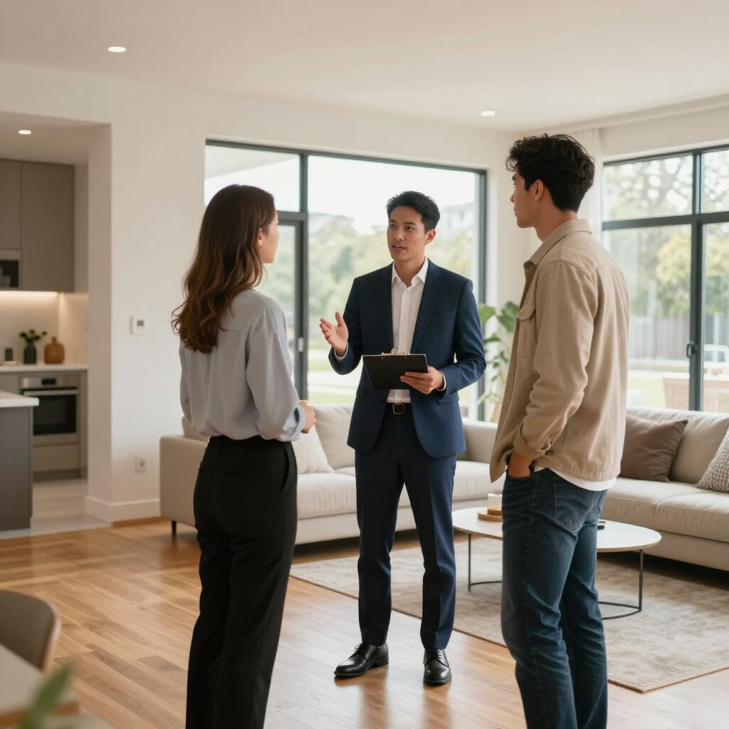 Three people talking with a real estate agent in a bright modern living room
