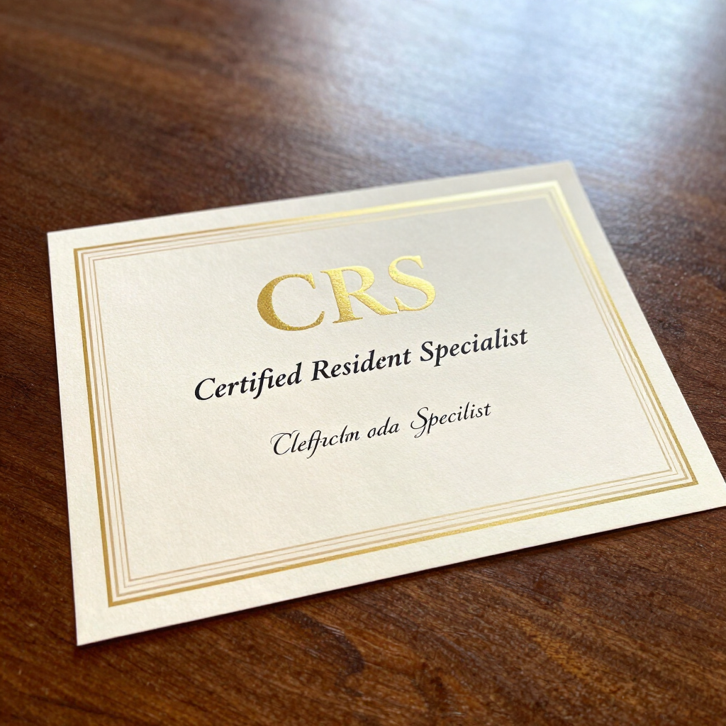 Gold CRS Certified Resident Specialist card on a wooden table, with decorative border text.