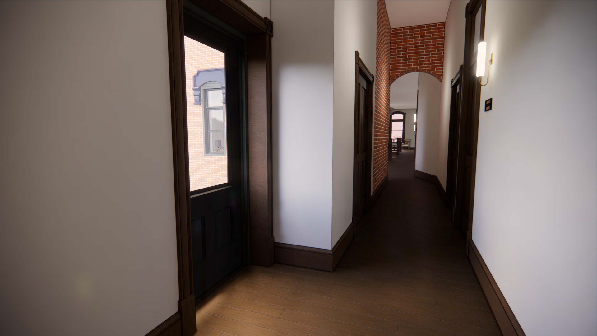 Hallway with doors, brick archway, and window. Brown trim and floors, white walls.