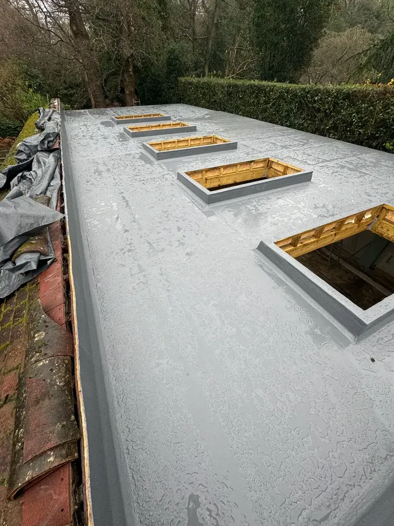 A roof with a lot of windows on it and trees in the background.