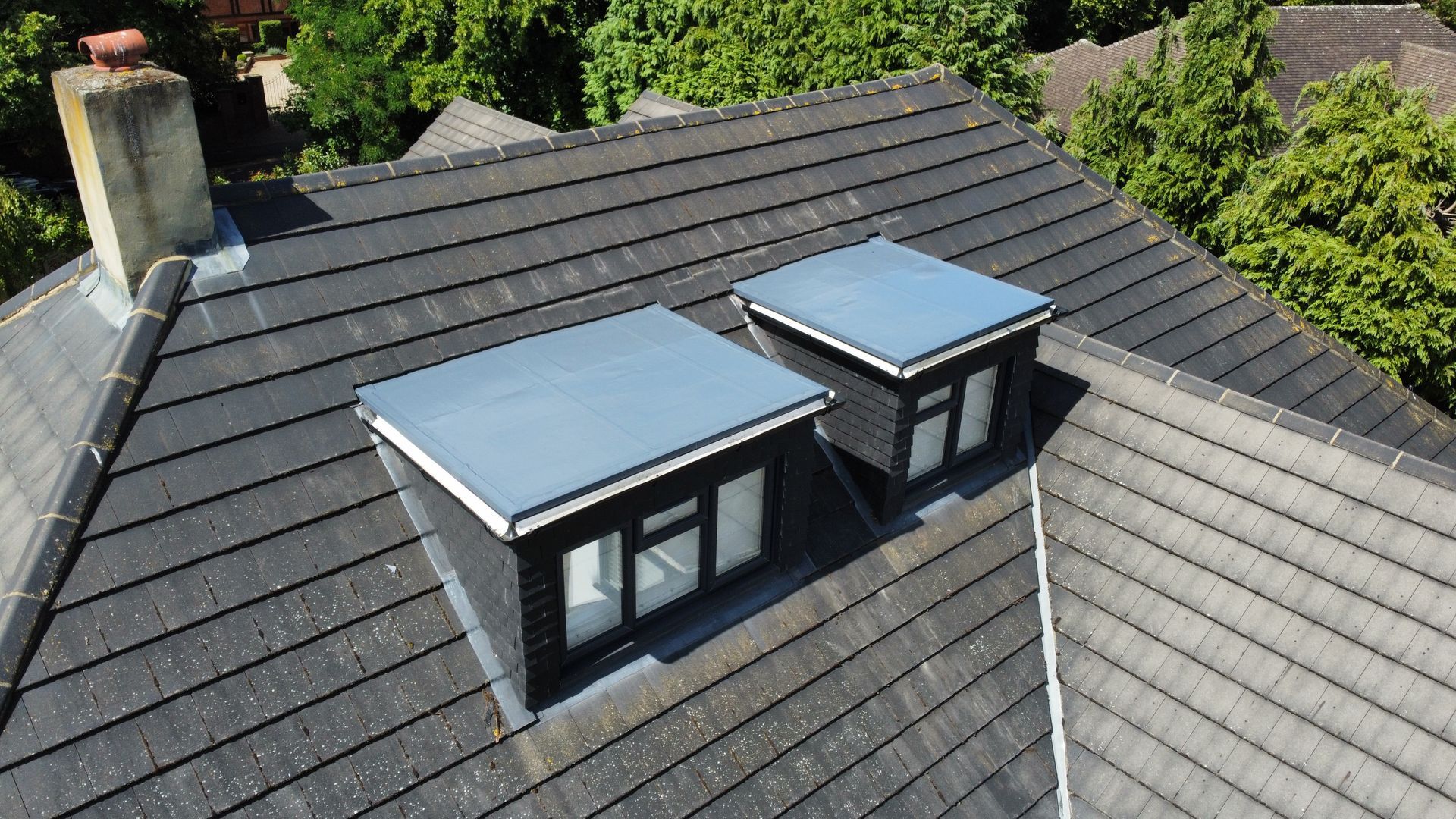 there are two windows on the roof of a house .