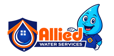 Logo for Allied Water Services: Blue shield with a droplet, house icon, and text 